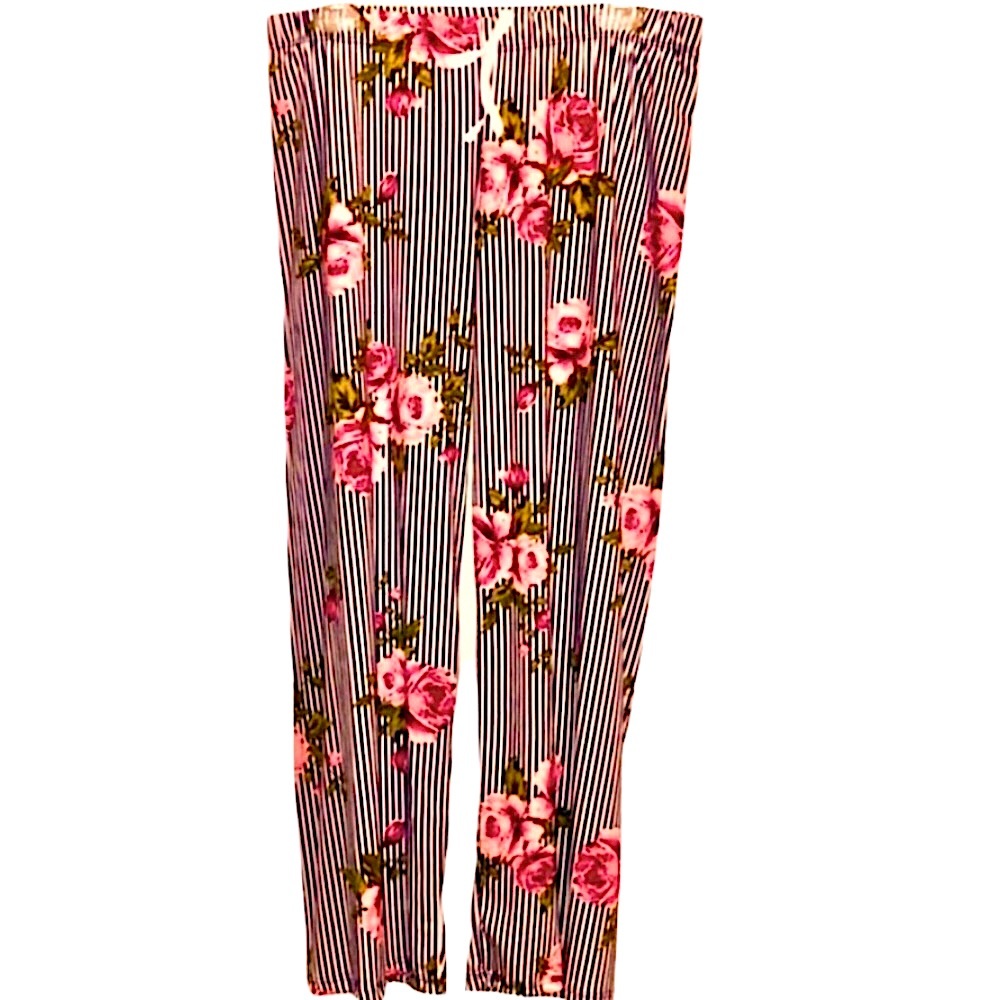 PINK ROSES SOFT PANTS BLACK STRIPE LOUNGE PANT TEE SHIRT MATERIAL COMFY SIZE L